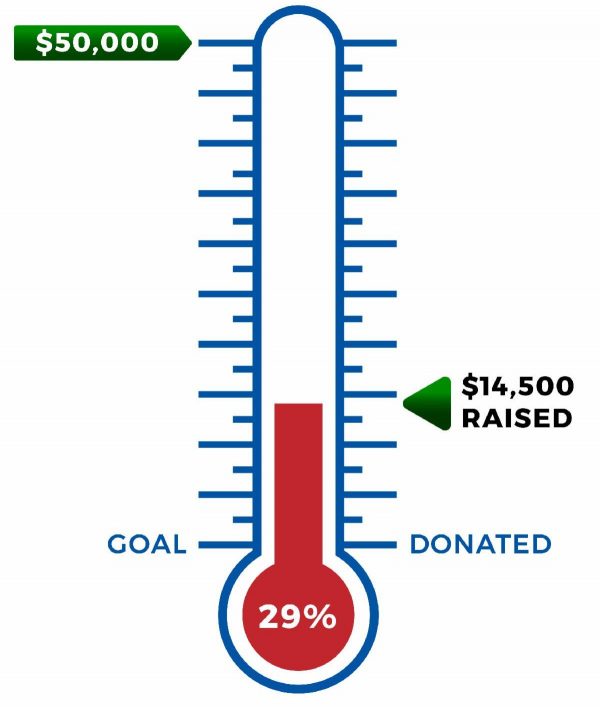 Thermometer showing 29% donations towards goal of $50,000